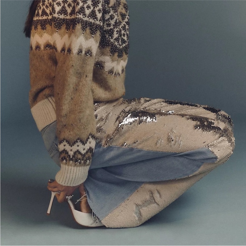 Pilcro anthropologie Wide-Leg Jeans in Light Blue and Beige sequinned Panels 30 - Picture 6 of 13